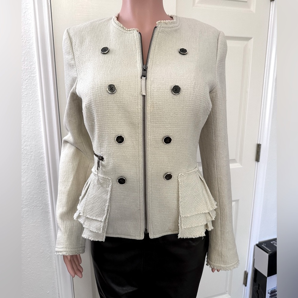 Banana Republic Natural Ivory Tweed Peplum Zip Blazer Moto Jacket - Size 10